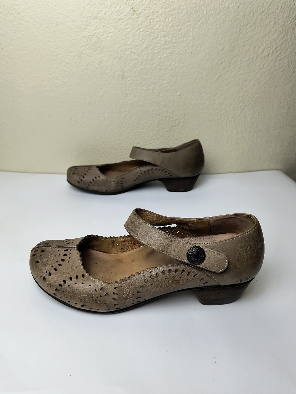 Taos Tango 10 Taupe Mary Jane Wedge with Strap and Perforated Detail